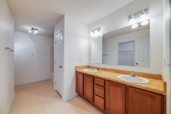 a bathroom with a sink double vanity and a mirror