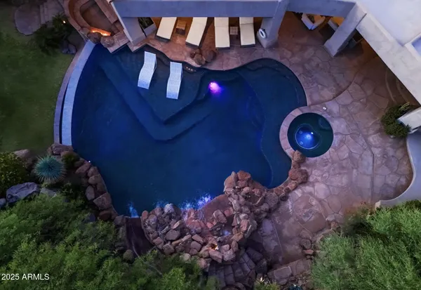 a view of backyard with plants and outdoor seating