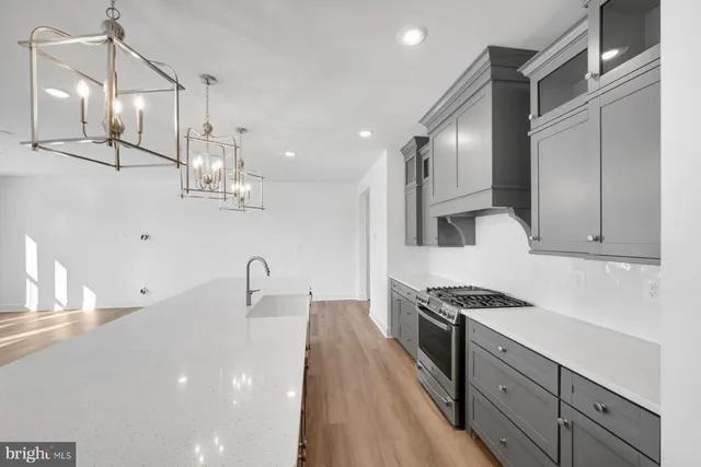 a kitchen with stainless steel appliances a sink dishwasher a stove and a refrigerator with wooden floor