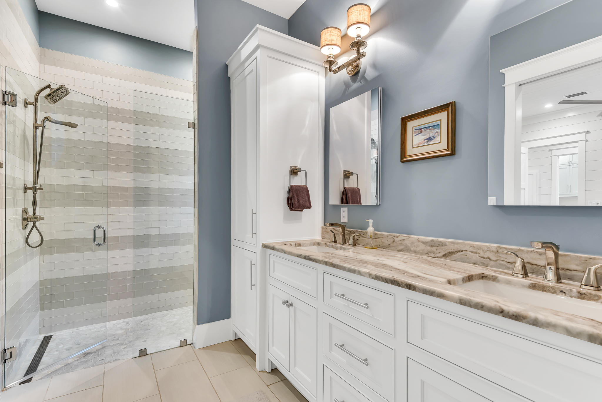 57 Salt Box Lane West Inlet Beach, FL 32461 - Photo 13 of 74 a bathroom with a granite countertop sink a mirror a vanity and shower