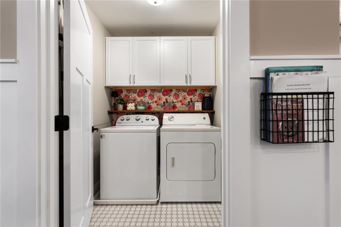 201 Hearthstone Drive Anderson, SC 29621 - Photo 22 of 49 A dedicated utility space with white cabinetry and a patterned backsplash, providing practicality and appeal.