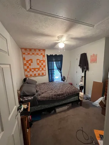 a bedroom with a bed and a chandelier