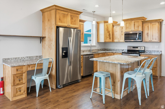 1009 High Creek Road Cove, UT 84320 - Photo 53 of 79 ADU Kitchen with stainless steel appliances, light stone countertops, a breakfast bar area, a kitchen island, and pendant lighting