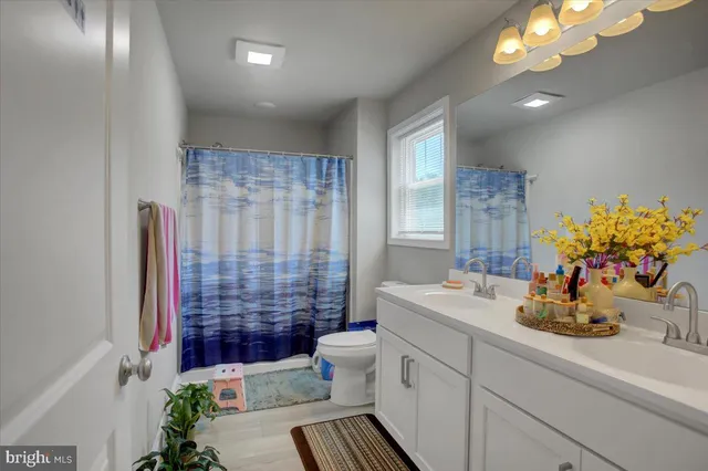 a bathroom with a sink a toilet a mirror and shower