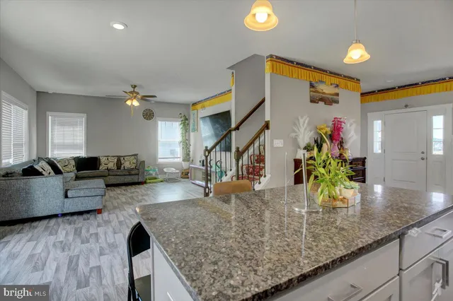 a living room with furniture and a potted plant