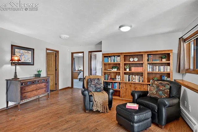 a living room with furniture and a book shelf
