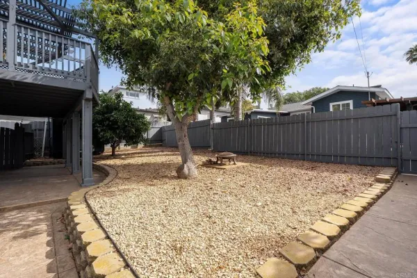 a view of swimming pool with outdoor seating and yard in back