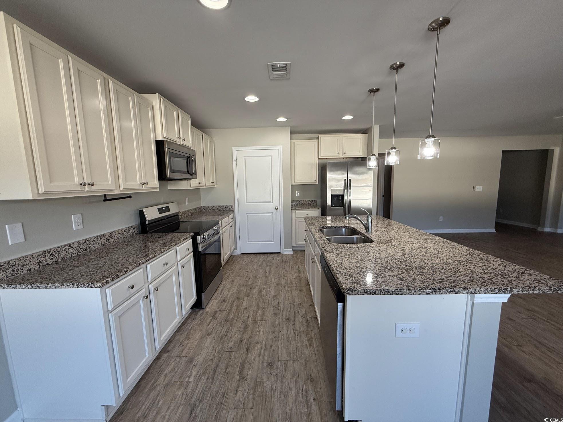 462 Quinta Street Longs, SC 29568 - Photo 7 of 39 Kitchen with appliances with stainless steel finishes, recessed lighting, pendant lighting, dark stone counters, and a kitchen island with sink