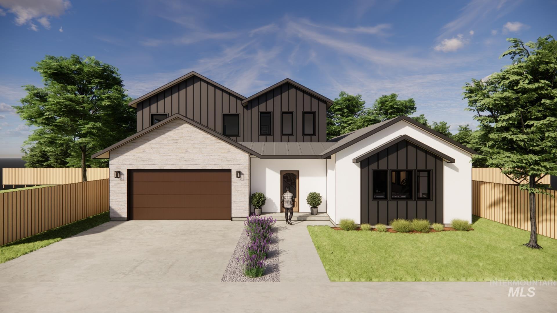 View of front of property featuring board and batten siding, concrete driveway, an attached garage.