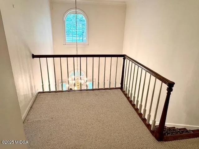 a view of a hallway with windows