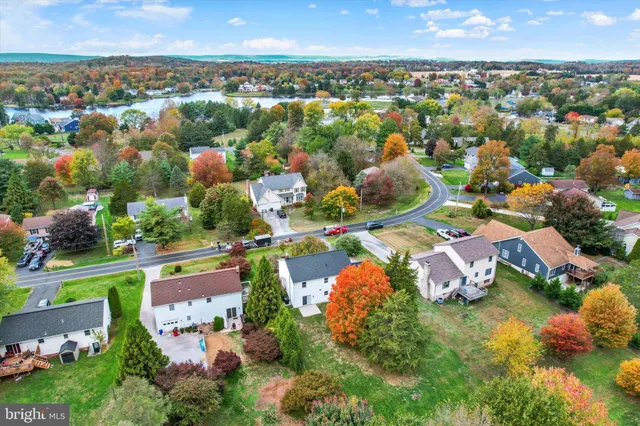 an aerial view of residential houses with outdoor space and trees