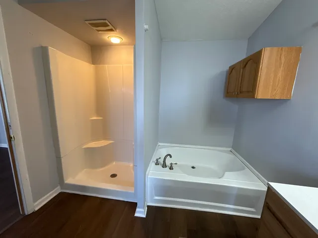 a bathroom with a bathtub and a shower