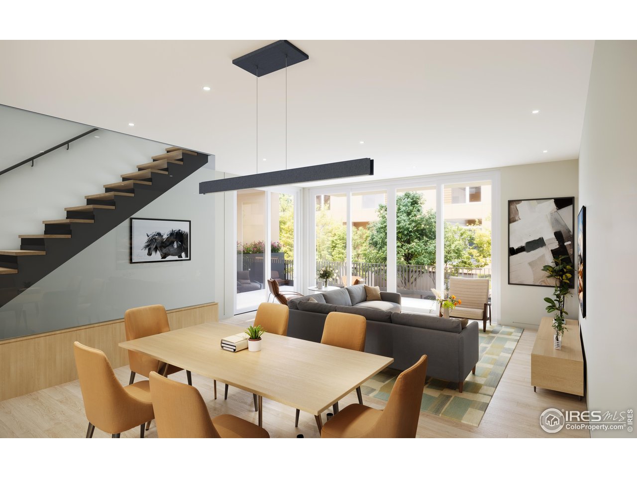 155 Mathews Street Fort Collins, CO 80524 - Photo 6 of 25 *Interior Rendering Main Level, with 10FT ceiling height on the living level, white oak floors and stunning glass wall with floating stairs!