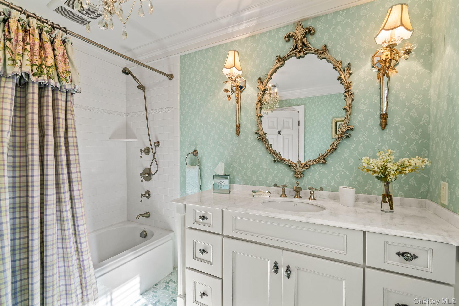 697 Short Beach Road Nissequogue, NY 11780 - Photo 32 of 46 a bathroom with a sink double vanity granite tub shower and a mirror