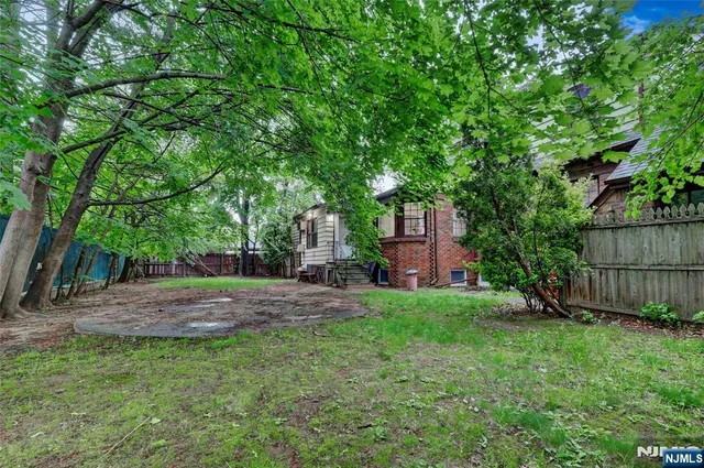 a view of a backyard with large trees and plants