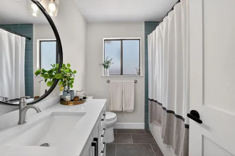 a bathroom with a sink a mirror and a potted plant