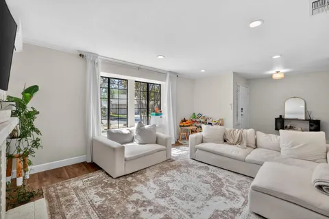 a living room with furniture and a potted plant
