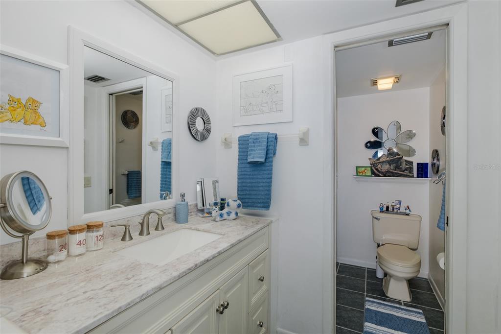 8210 Aquila Street, Unit 213 Port Richey, FL 34668 - Photo 29 of 48 a bathroom with a granite countertop sink a toilet and a mirror