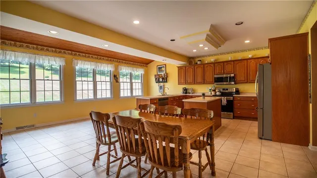 a view of a dining room with furniture