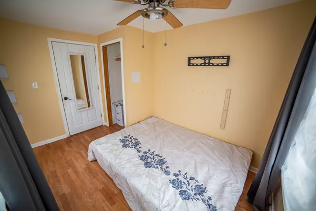 a view of a hallway with a chandelier