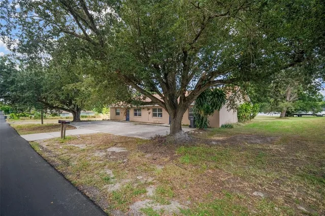 a view of a house with a yard and a large tree