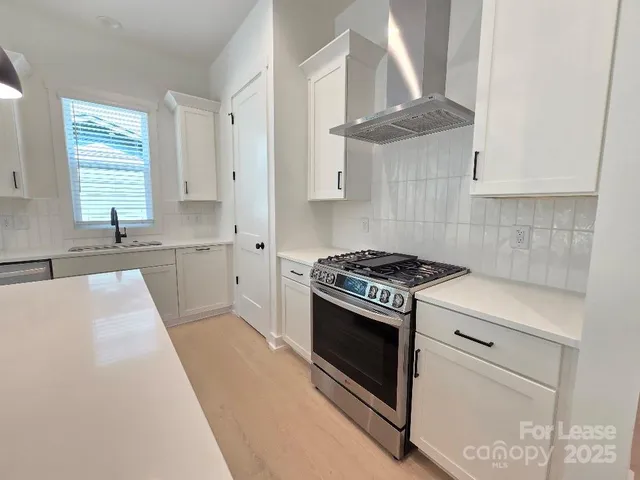 a kitchen with stainless steel appliances granite countertop a stove a sink and white cabinets