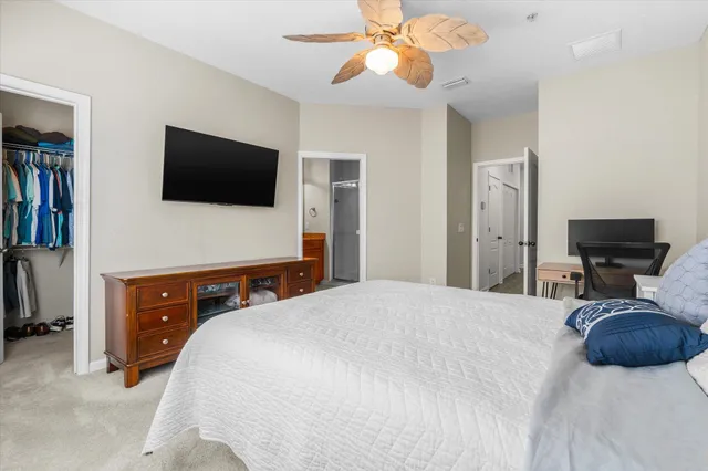 a bedroom with a bed and a flat screen tv