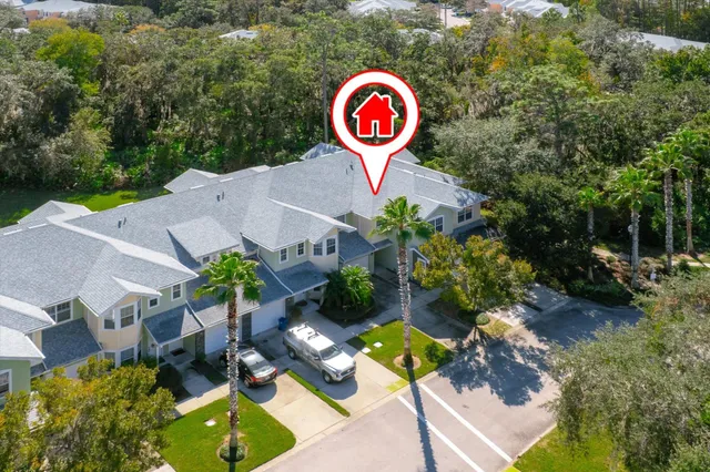 an aerial view of a and swimming pool