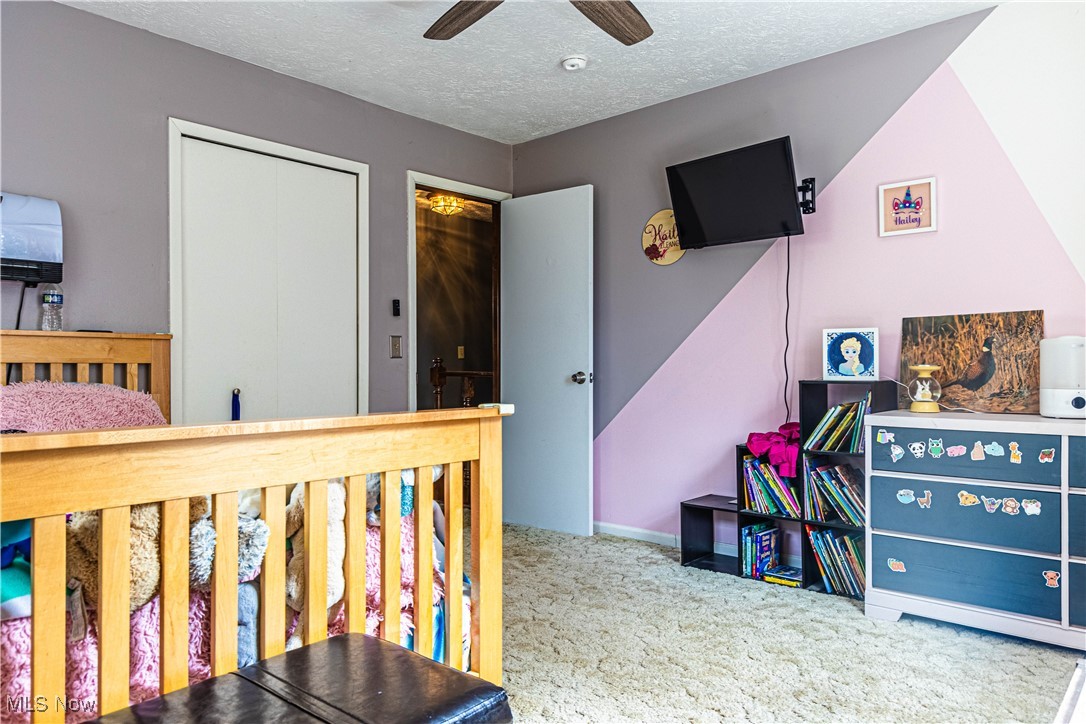 16974 Hawley Road Oberlin, OH 44074 - Photo 20 of 42 Bedroom with a textured ceiling, light carpet, and ceiling fan