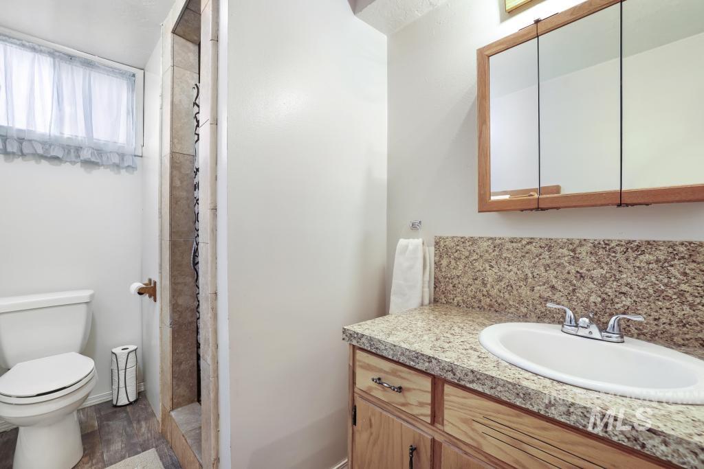3985 North 2300 E Road Filer, ID 83328 - Photo 25 of 35 Bathroom featuring a stall shower, vanity, and dark wood-style floors