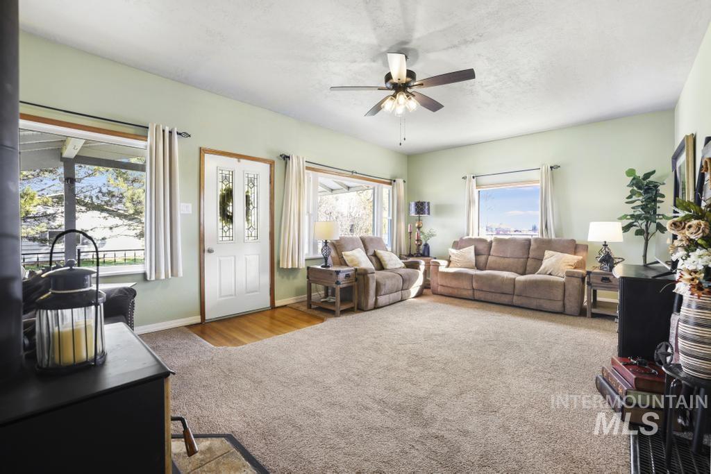 3985 North 2300 E Road Filer, ID 83328 - Photo 3 of 35 Living area with ceiling fan, light carpet, and a textured ceiling