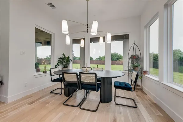 a view of a dining room with furniture window and outside view