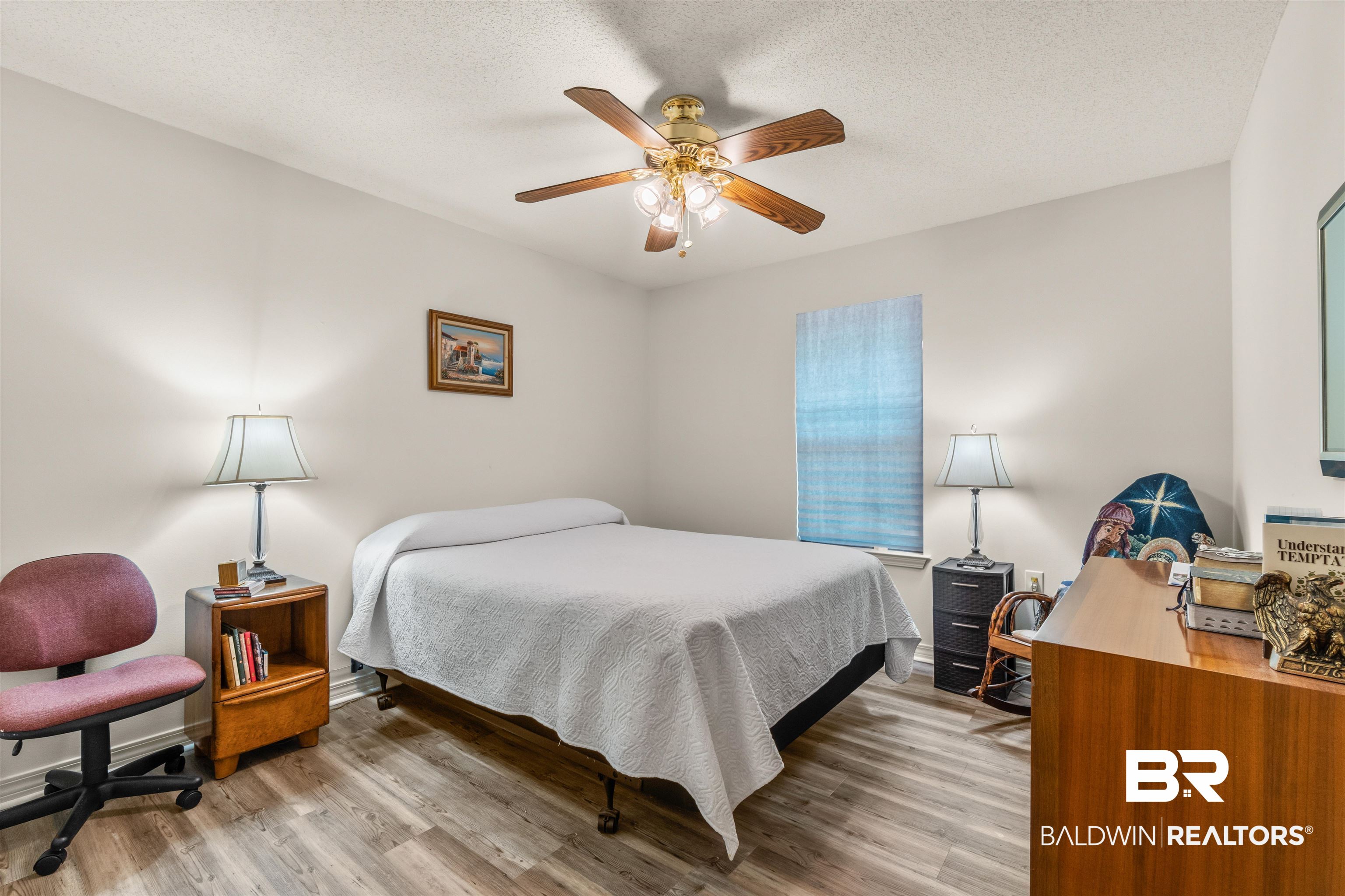 35893 Pine Road South Stapleton, AL 36578 - Photo 18 of 31 Bedroom with wood-finish flooring, a ceiling fan with light kit, and a window with blinds