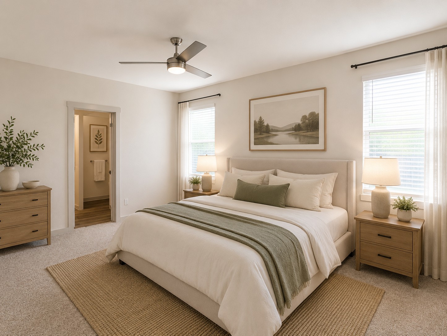 261 Century Plant Road Leander, TX 78641 - Photo 7 of 25 Virtually staged primary bedroom. A well-lit primary bedroom offers plush carpeting, a modern ceiling fan, and seamless entry to a private bath.