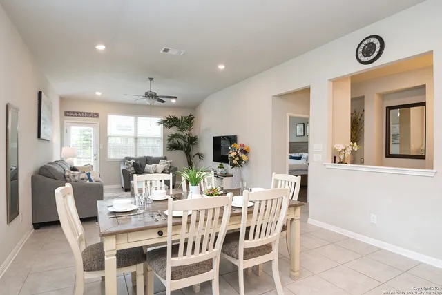 a view of a dining room with furniture