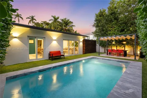 a swimming pool with yard in front of it