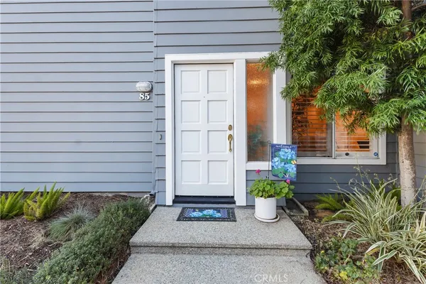 a view of entrance to house and potted plants