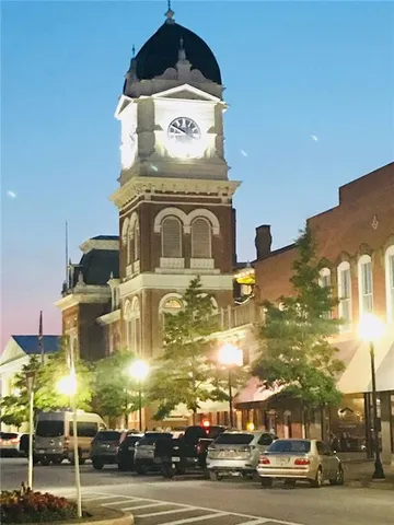 a garden view with a seating space