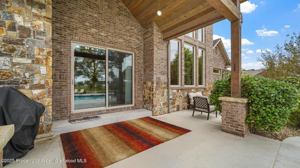 a building outdoor space with patio furniture