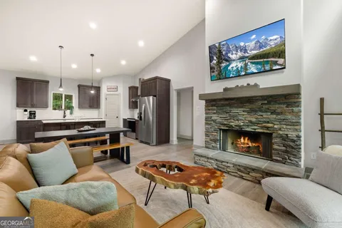 a living room with furniture a flat screen tv and a fireplace