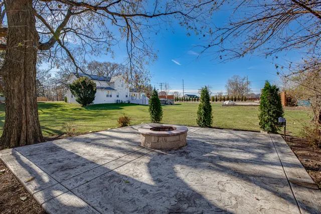 a view of a backyard with large trees