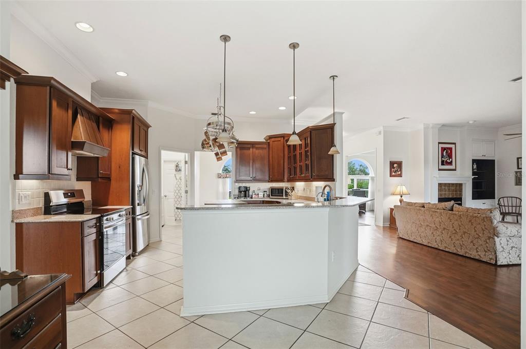 14228 Presteign Lane Spring Hill, FL 34609 - Photo 30 of 89 a view of kitchen with stainless steel appliances kitchen island granite countertop a refrigerator a stove top oven and a sink