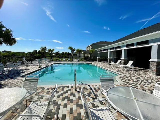 a view of a swimming pool with outdoor seating