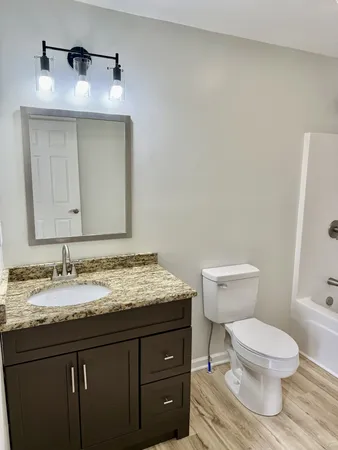 a bathroom with a granite countertop toilet sink and mirror