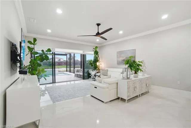 a living room with furniture potted plant and a flat screen tv