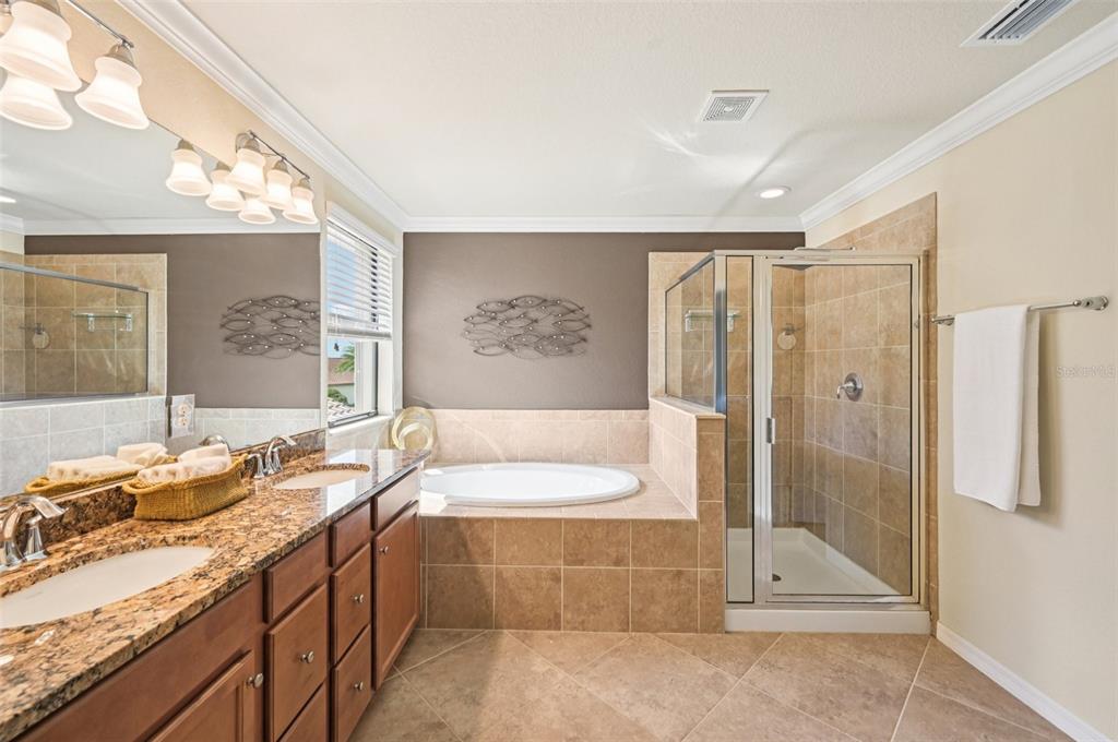 12680 Richezza Drive Venice, FL 34293 - Photo 29 of 57 a spacious bathroom with a granite countertop tub sink a mirror a shower and vanity