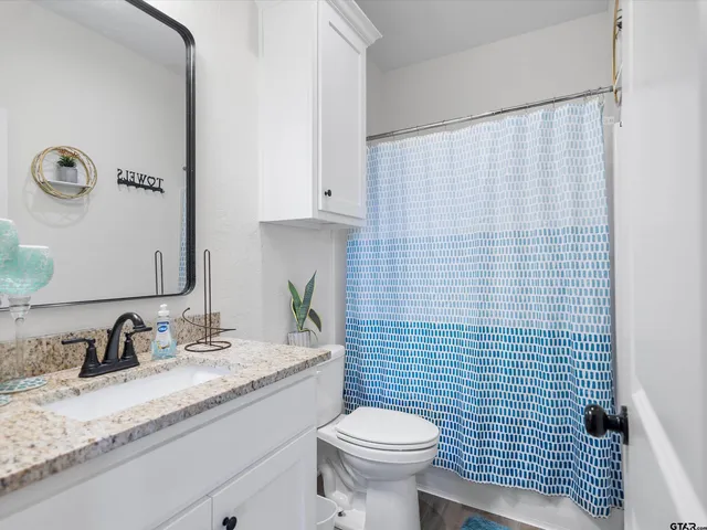a bathroom with a granite countertop sink toilet and mirror