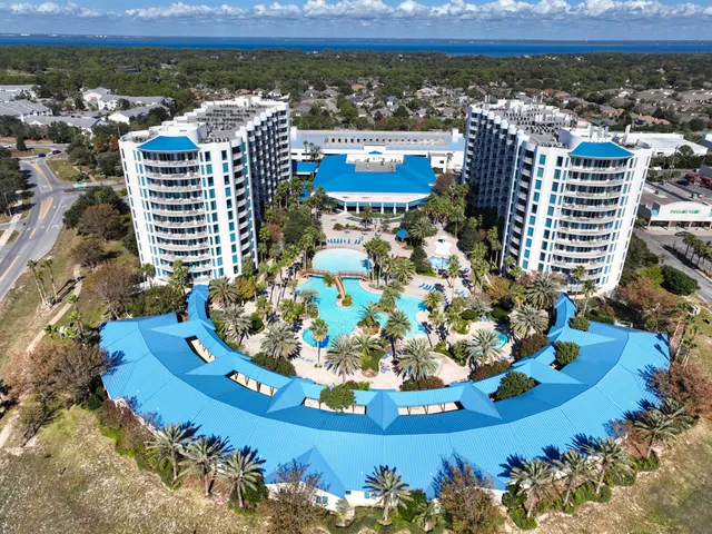 a view of a swimming pool with a lawn chairs and palm tree