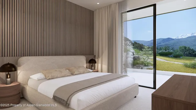 a bedroom with a bed and a balcony view