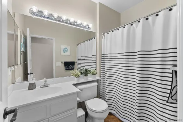 a bathroom with a sink a toilet a mirror and shower curtain
